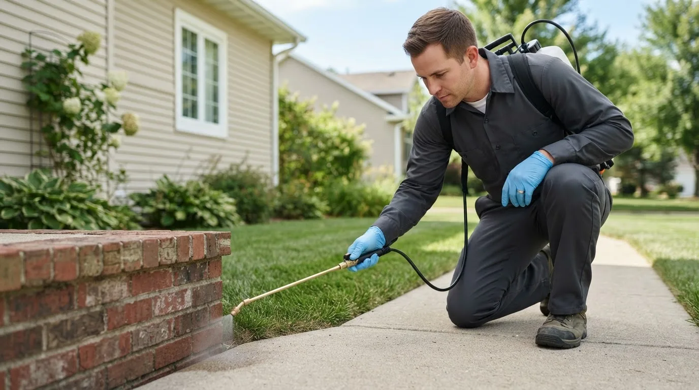 Pest control technician treating a home near Church Hill, MD